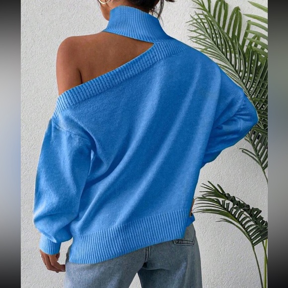 Luxe cold shoulder asymmetrical neck sweater top - Picture 5 of 5